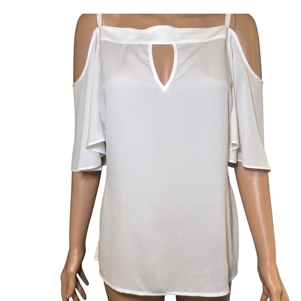 Bisou Bisou‎ Michele Bohbot Womens White Cold Shoulder Keyhole Blouse Small S